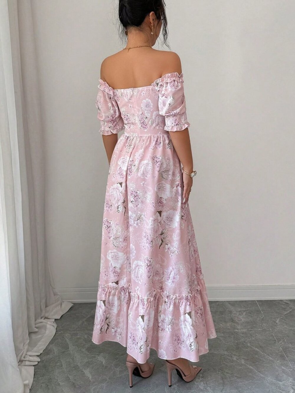 Pink Boho Women's Off-Shoulder Ruffle Bow A-Line Floral Dress - Picture 5 of 10